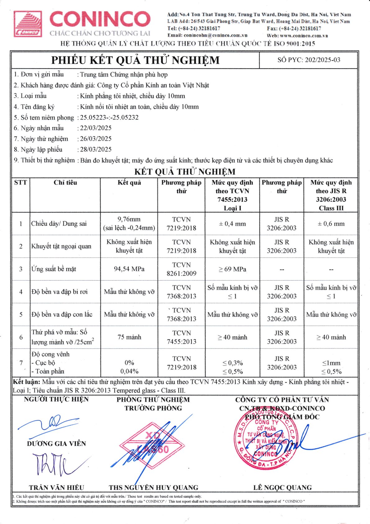 Phiếu kết quả thử nghiệm kính phẳng tôi nhiệt 10mm của Công ty cổ phần Kính an toàn Việt Nhật